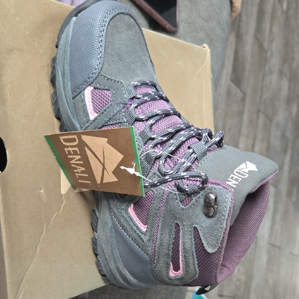 Gray and Purple Athletic Shoes with Rugged Sole and Cushioned Ankle